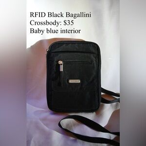 RFID Black Baggallini Crossbody Purse, baby blue interior